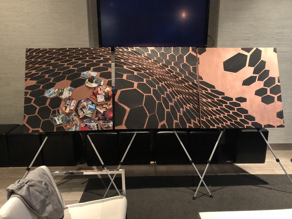Hexagon panels with the first collages set in