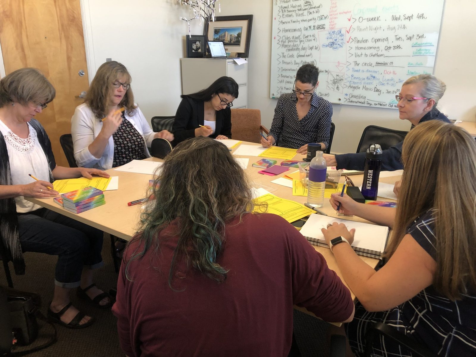 Colleagues around a table shaping a guiding question